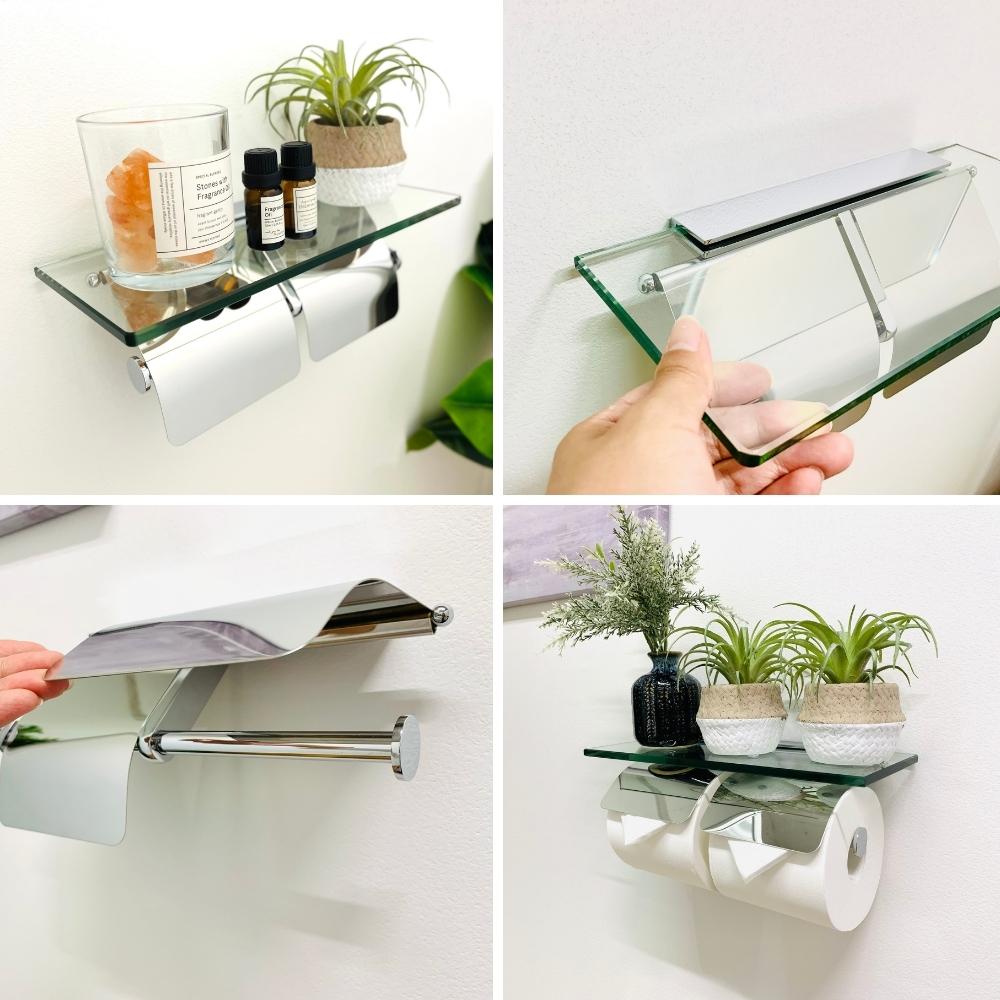 トイレットペーパーホルダー ダブル 2連 ガラス天板付き 耐荷重約6kg モダン おしゃれ インテリア 収納 トイレ トイレ用品 新生活 お手洗い ペーパーホルダー アパート 戸建て DIY プレゼント