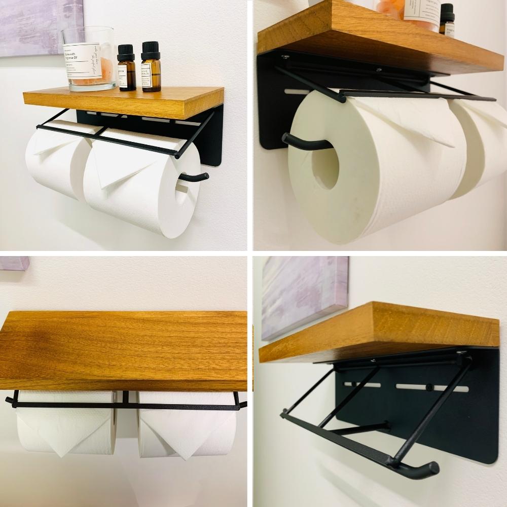 トイレットペーパーホルダー 2連 天板付き 木材 木目 ダブル アイアン モダン 北欧 おしゃれ アンティーク インテリア 収納 トイレ 用品 耐荷重6kg お手洗い ペーパーホルダー ブラウン 棚 天然木 シンプル 賃貸