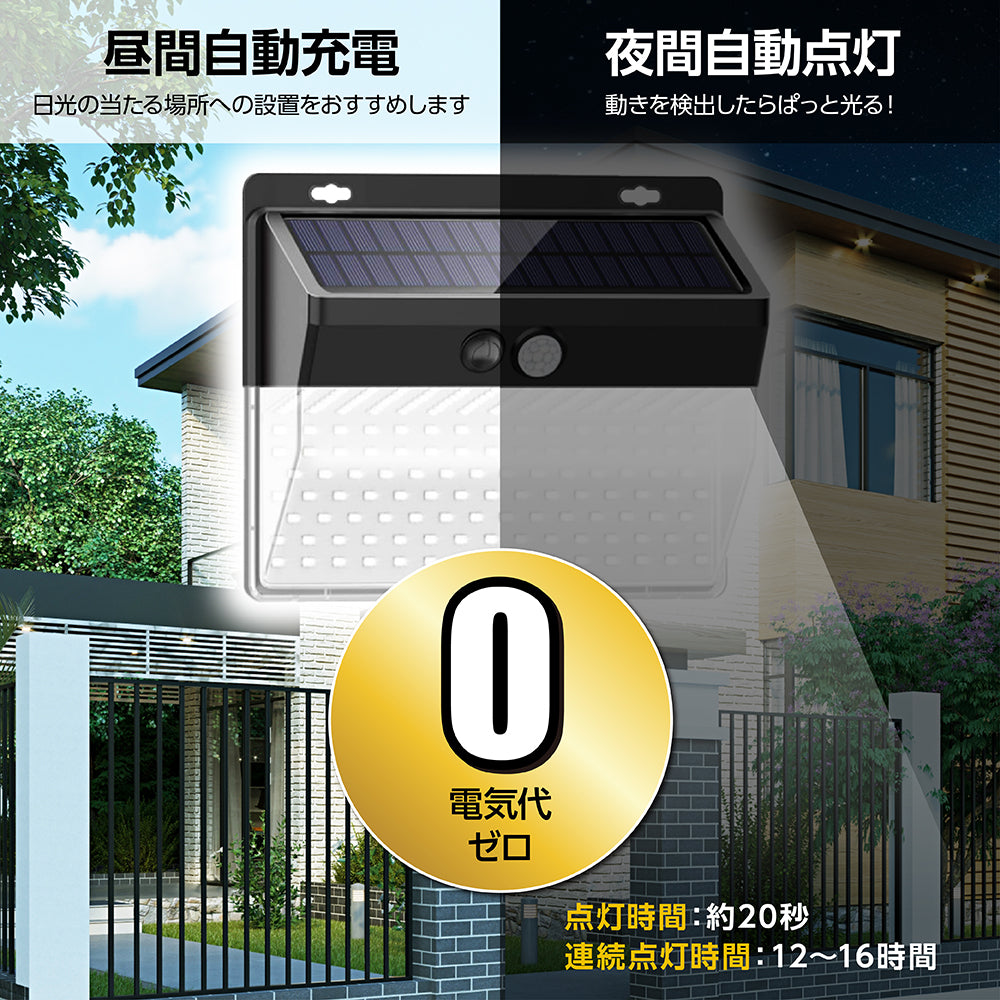 人感センサーライト LEDセンサーライト 自動点灯 ソーラーライト 防犯ライト IP65防水 高輝度 屋外 野外 照明 エクステリア セキュリティ 防犯グッズ 庭 ソーラー充電式 玄関 駐車場 ガーデン 停電 災害