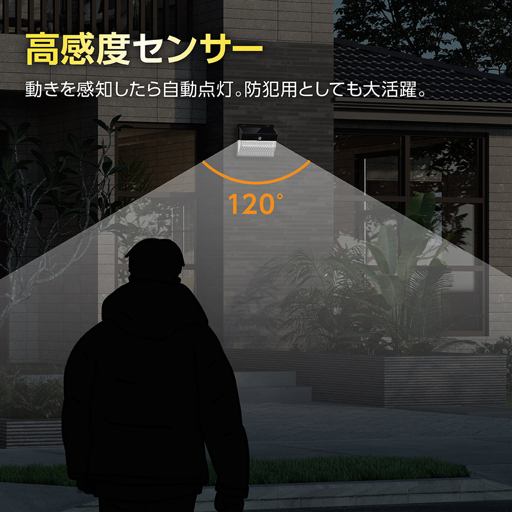 人感センサーライト LEDセンサーライト 自動点灯 ソーラーライト 防犯ライト IP65防水 高輝度 屋外 野外 照明 エクステリア セキュリティ 防犯グッズ 庭 ソーラー充電式 玄関 駐車場 ガーデン 停電 災害