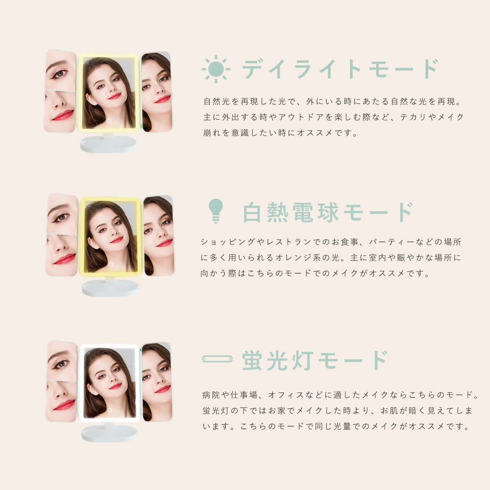LED 三面鏡 女優ミラー 卓上ミラー ライト付き USB充電式 折りたたみ ミラー 明るさ調整 角度調整 おしゃれ 化粧鏡 メイクミラー 拡大鏡 スタンド ハリウッドミラー 誕生日 プレゼント