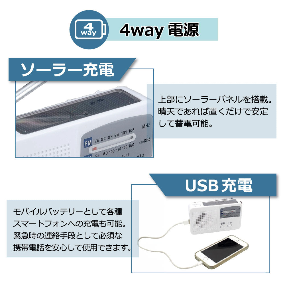 防災ラジオ 多機能 ポータブルラジオ 4way電源 AM/FMラジオ LEDライト SOSアラーム付き ソーラー充電 手回し充電 USB充電 乾電池給電 災害対策 緊急対策 台風 津波 地震 停電 避難グッズ キャンプ アウトドア 釣り 登山